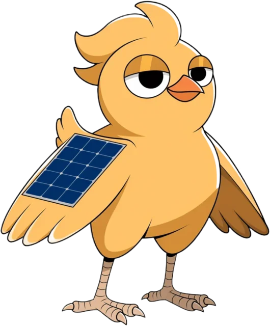 Chocobo mascot holding a solar panel